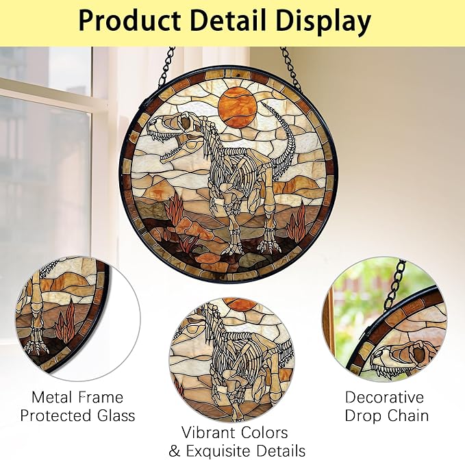 TNUW Dinosaur Skeleton Stained Glass Window Hanging, Prehistoric Dino Fossil Sunset Landscape SunCatchers Indoor Window Glass Round Wall Art Decor, Dinosaur Wall Hanging Decorations, 7.9"x7.9"