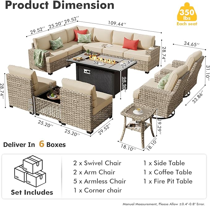 HOOOWOOO Outdoor Sectional Patio Furniture Set with Fire Pit Table,13 Pieces Wicker Conversation Sets L Shaped Couch,Extra Deep Out Door Sofa Outside Furniture with Swivel Chairs,Beige