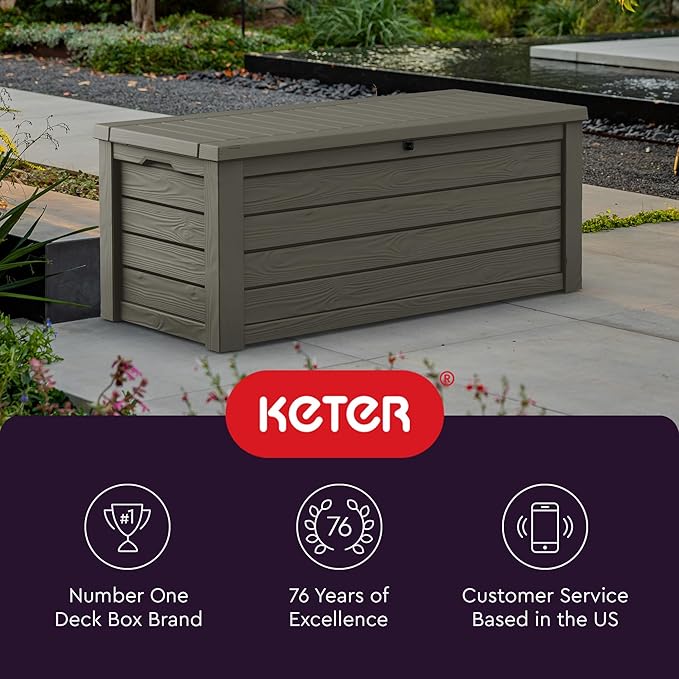 Keter Westwood 150 Gallon Resin Large Outdoor Storage Box for Patio Furniture, Outdoor Cushions, Garden Tools and Pool Floats, Mossy Brown