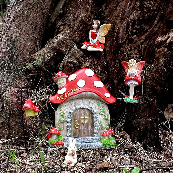Fairy Door and Windows Garden Kit Accessories Outdoor, Glow in Dark Gnome House for Tree, Lawn Yard Art Sculpture, Miniature Garden Decor (Mushroom)