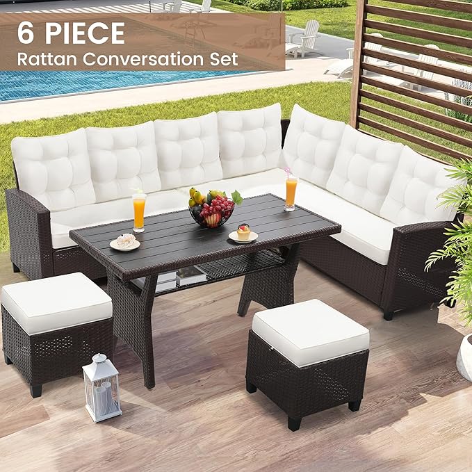 6-Piece Outdoor Patio Furniture Set - Sectional Sofa, Dining Table & Chairs Included, All-Weather Dining Set with Ottoman, Brown Wicker and White Cushions