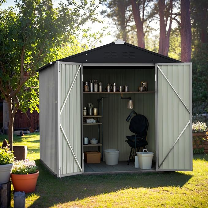 GUNJI 6 x 4 FT Shed Outdoor Storage Shed Metal Garden Shed with Lockable Door Outside Waterproof Tool Shed for Backyard, Patio, Lawn (White)