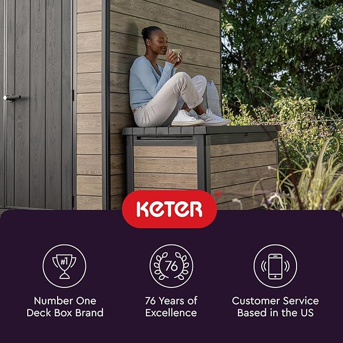 Keter Signature Collection 150 Gallon Resin Deck Box Organization and Storage Box for Patio Outdoor Cushions, Throw Pillows, Garden Tools and Pool Supplies, Ashwood