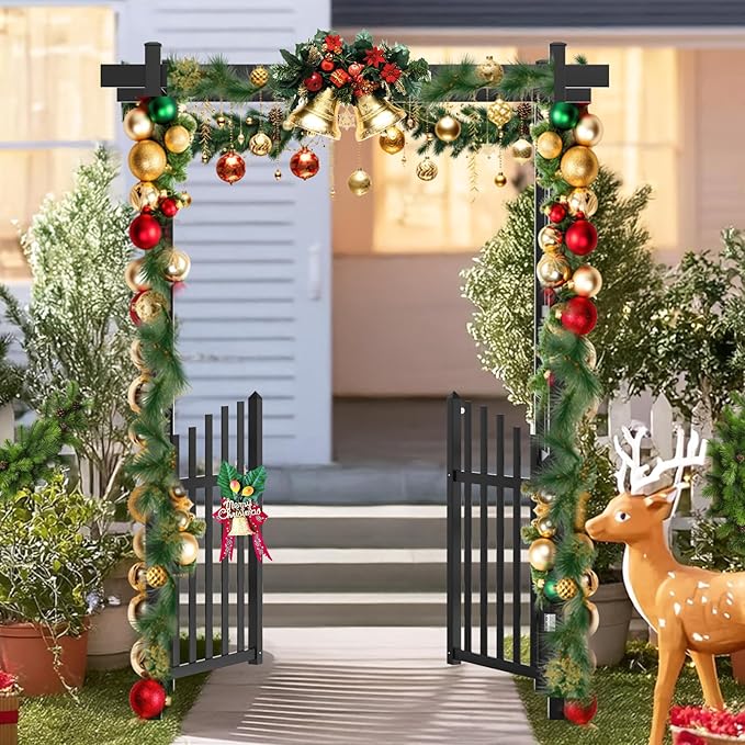 VINGLI Garden Arbor with Gate, PVC Wedding Arch for Ceremony Party, Garden Trellis for Climbing Plants Outdoor, Arch Backdrop Stand for Garden, Backyard, Lawn, Wedding (Black)