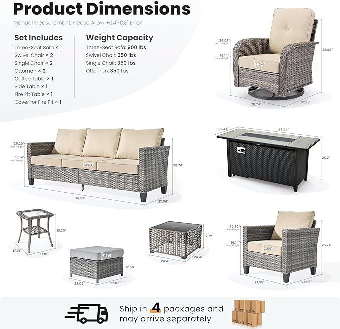 ovios 10 Pieces Patio Furniture Set, Outdoor Wicker Sofa Couch with Rocking Swivel Chairs Solar Lights Table Fire Pit, Modern Deep Seat Rattan Conversation Sets, Beige