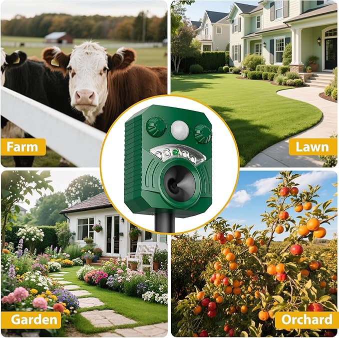 1 Pack Solar Deer Cat Repellent Device Outdoor Bird Squirrel Deterrent with Motion Activated Sensor Ultrasonic Flashing Light to Scare Rats Chipmunk Raccoon Away from Yard Lawn - Waterproof