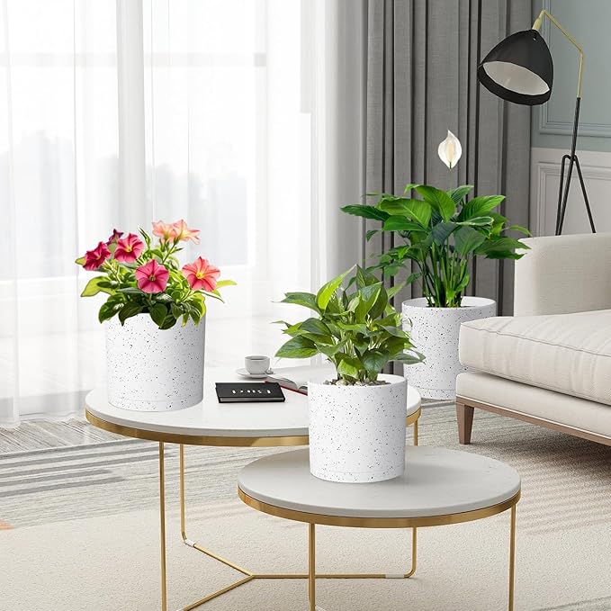 10/8/6 inch Deep Flower Pots, Cylinder Large Plant Pots for Outdoor Indoor Plants, 3 Pack Tall Plastic Planters with Drainage Holes and Saucers for Garden House Plants, Speckled White