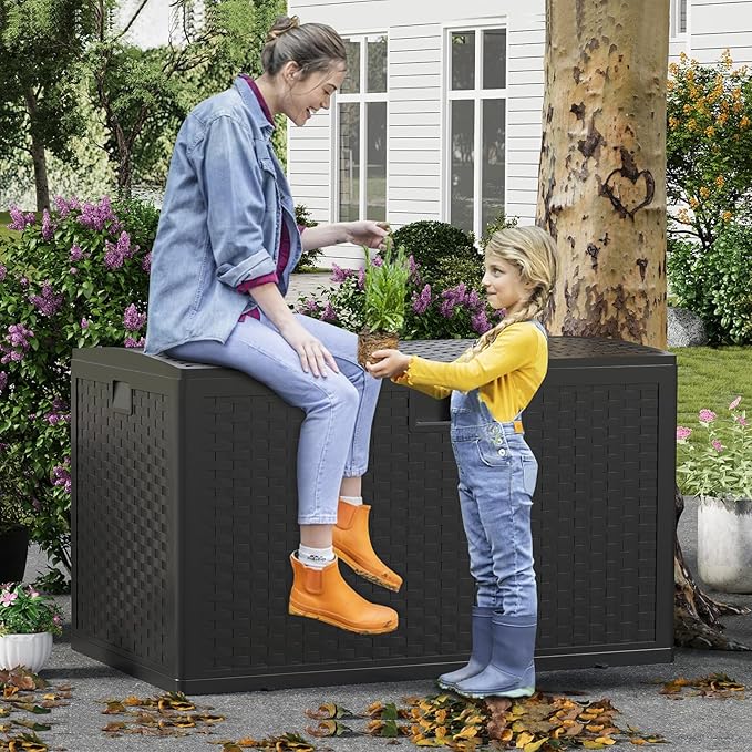 120 Gallon Outdoor Waterproof Storage Box Lockable Outdoor Storage Boxes Deck Storage Boxes for Package Delivery Deck Boxes for Patio Furniture, Garden, Tools - Rattan Black