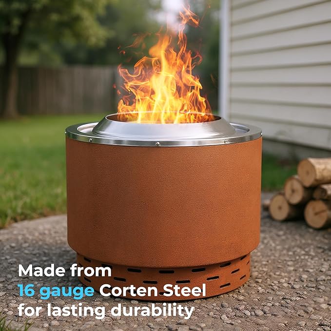KOL 20" Dia Smokeless Fire Pit Outdoor with Pre-Rusted Finish, 16 Gauge Corten Steel & 201 Stainless Steel Wood Burning Firepit, Backyard Patio Rotary Flame Stove with Removable Ash Pan