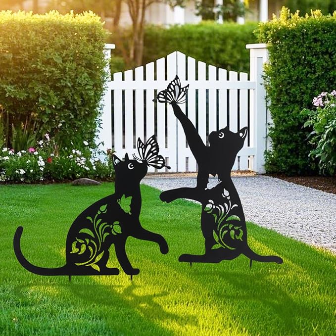 MUMTOP Cat Metal Garden Stake Decorative, Black Cat Gifts for Women, Silhouette Statues for Yard Art, Outside, Patio, Outdoor Decor, Lawn Ornaments, Butterfly