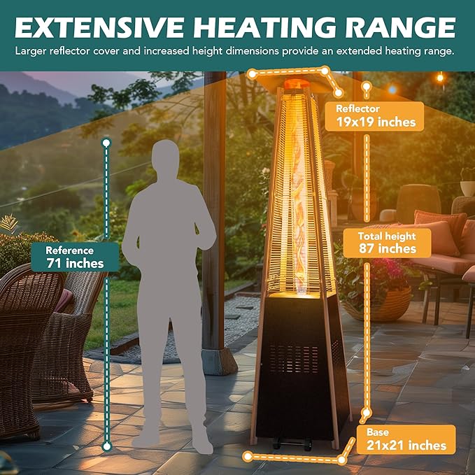 48,000 BTU Flame Pyramid Pool Heater, Triple Safety Protection with Patio Cover, Warm Glass Tube Portable Heater with Durable Wheels - Gray