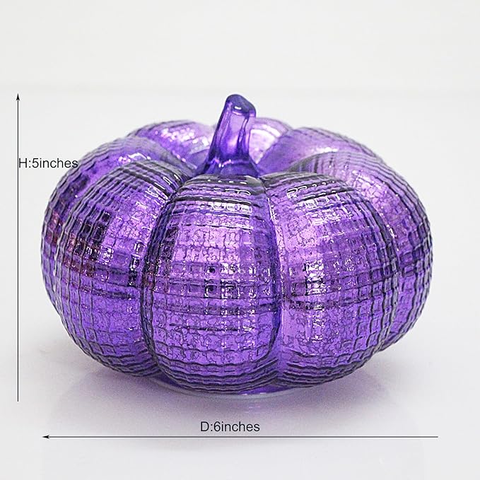 Mercury Glass Pumpkin Lights with Timer, Battery Operated Led Pumpkin Lights for Halloween Fall,Thanksgiving Rustic Decor (Purple Grid-Patterned, 5.5")