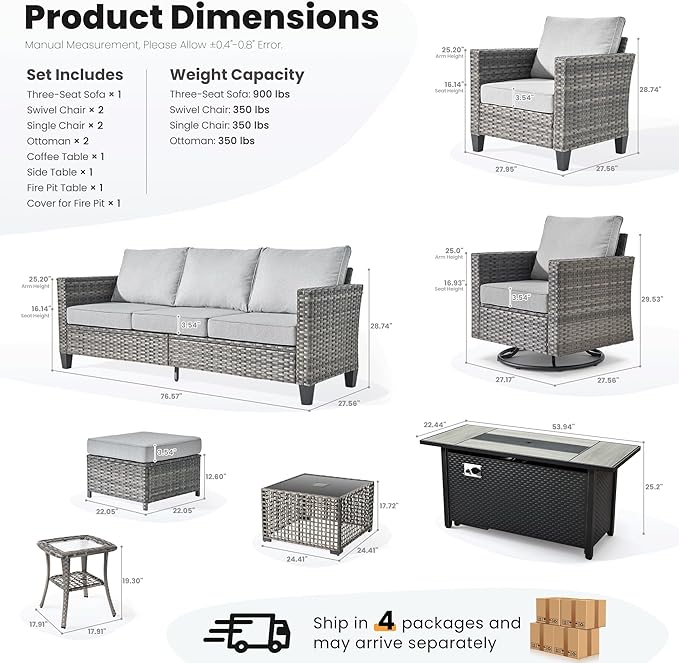 ovios 10 Pieces Patio Furniture Set with Swivel Chairs Rocking Gliders, 54" Fire Pit Table, Outdoor Sofa Couch with Solar Lights Table, Modern Deep Seat Wicker Rattan Conversation Set, Grey