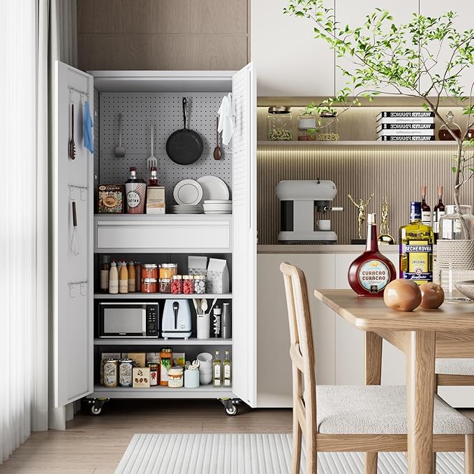 71" H Metal Garage Storage Cabinet with Wheels and Doors,Rolling Tool Cabinet with Pegboard,Rod and Drawer for Garage Warehouse Home,Required Assembly,Grey and White