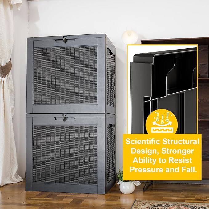 ROJIK 30Gallon Outdoor Storage Box - Waterproof Patio Furniture Deck Box, Garden Tools, Cushions, Pool Accessories Storage Bench with Lockable Lid and Side Handles (Black Rattan, 30 Gal)