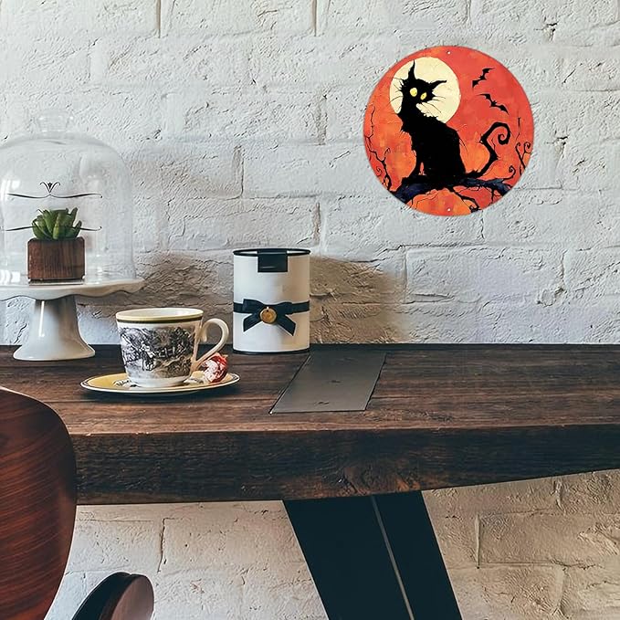 PEACHGARDEN Vintage Halloween Black Cat Round Tin Sign Gothic Decor Wall Art Metal Plaque 8x8inch