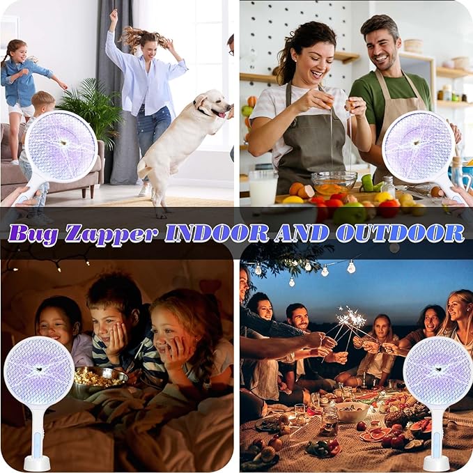 Qualirey 2 Pcs Electric Fly Swatter Racket 3000V 2 in 1 Bug Zapper Racket USB Rechargeable, Powerful Mosquitoes Trap Lamp and Fly Killer with 3 Layer Safety Mesh for Indoor Outdoor (White,Round)