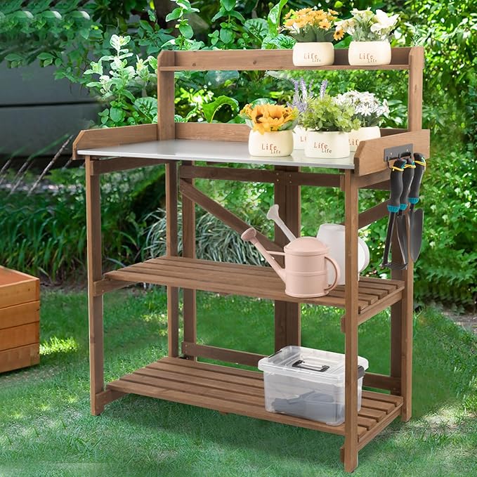 Folding Potting Bench Table,Outdoor Potting Bench Garden Wooden Potting Table,Fir Wood Workstation Planting Table with Galvanized Tabletop,2 Tier Storage Shelves,Top Shelf(Brown)