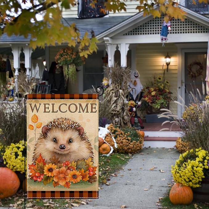 Fall Garden Flag 12 x 18 Inch Double Sided Cute Hedgehog Maple Leaves Sunflower Designs Autumn Burlap Yard Flag for Outside Rustic Yard Outdoor Holiday Home Decoration