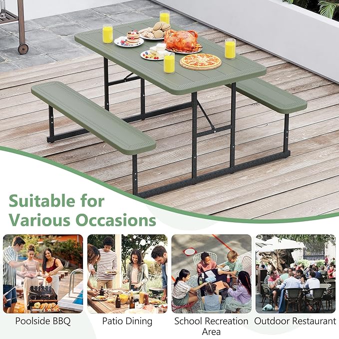 Tangkula Picnic Table, HDPE Outdoor Rectangular Table Bench Set with 2 Built-in Benches, Umbrella Hole, Metal Frame for 4 Person, Garden Yard Patio Lawn