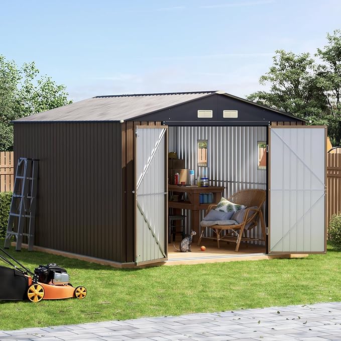 10x10 FT Outdoor Metal Storage Shed with Floor Frame, Double Swing Doors, 2 Clear Windows,Tool Shed for Garden, Patio, Backyard Brown