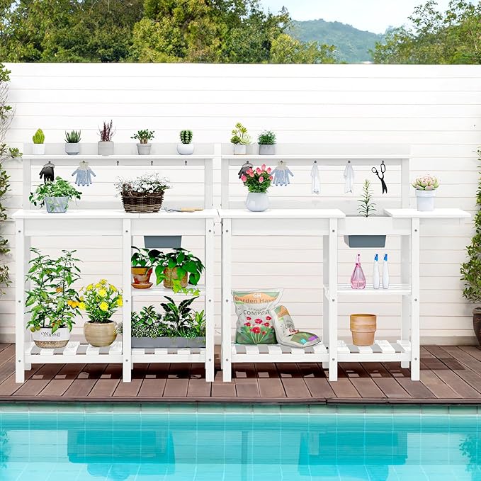SERWALL Potting Table Set of 2 for Outside All Weather Use- White