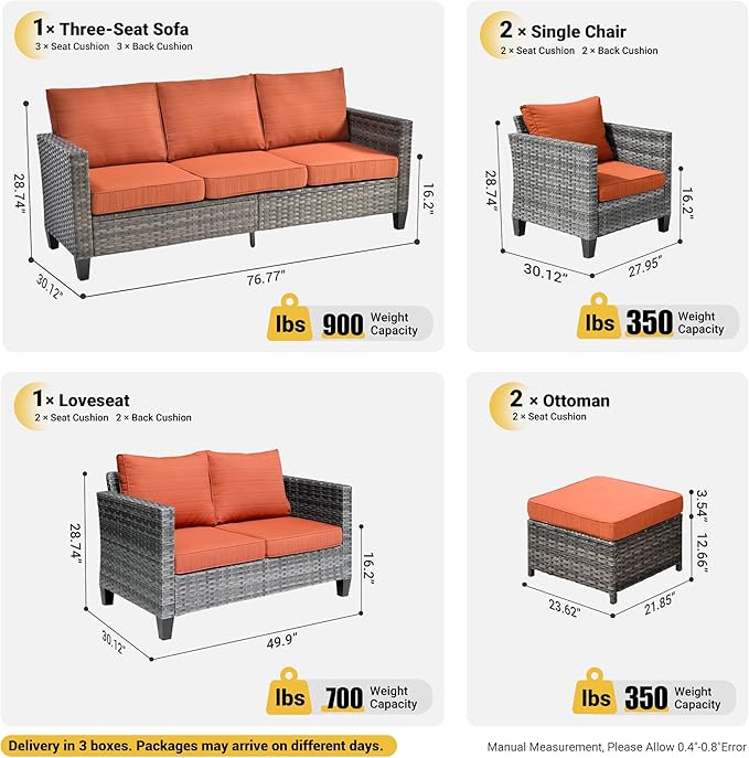 ovios Patio Furniture Set, 6 Pieces Outdoor Wicker Sofa Couch with Loveseat, Ottomans and Comfy Cushions, All Weather High Back Rattan Conversation Set, Orange Red