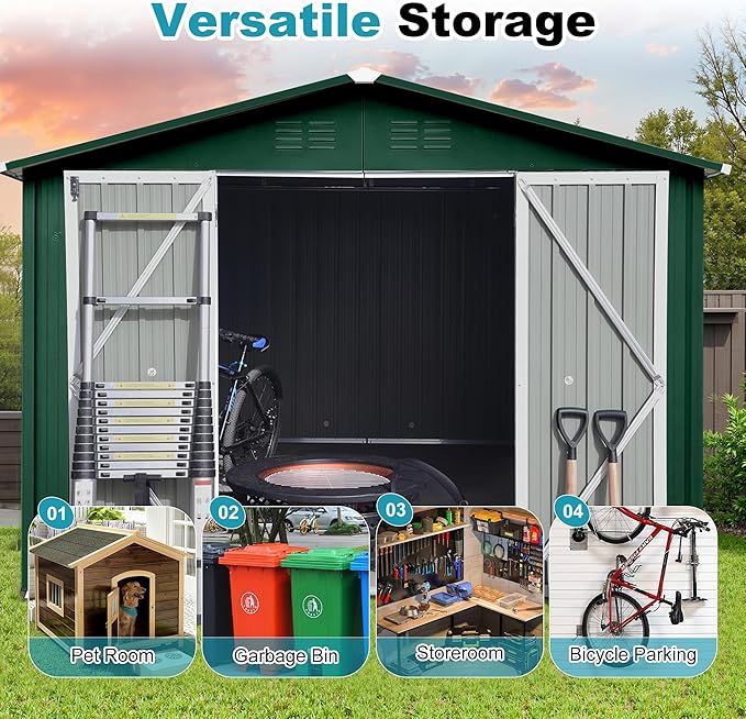 8x10 FT Outdoor Storage Shed, Metal Tool Shed with Lockable Doors, Peaked Roof & Frame Floor, Garden Shed with Vented Design for Backyard Garden Patio Lawn, Green+White