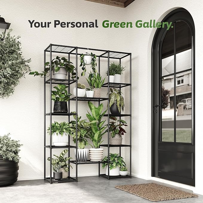 Plant Stand Outdoor Tall Plant Shelf Indoor Metal Large Hanging Plant Cabinet Waterproof Plant Rack Flower Holder for Living Room Patio Balcony Garden Black