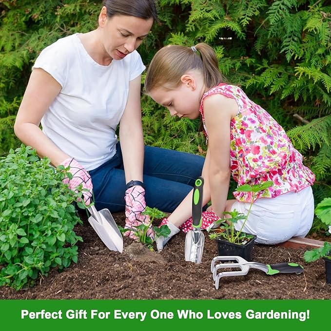 Garden Tools Set, 3 Pack Heavy Duty Gardening Tools Set Include Garden Shovel, Transplant Trowel and Hand Rake with Ergonomic Non-Slip Handle, Aluminum Alloy Lawn and Garden Hand Tools for Planting