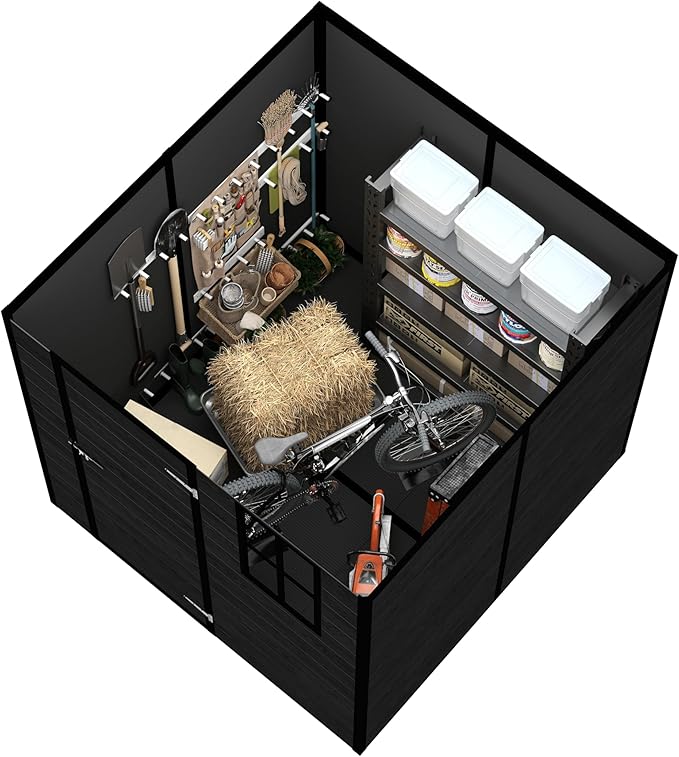 Outdoor Storage Shed 6x6 FT, Resin Shed with Floor, Waterproof Plastic Garden Bike Shed with Lockable Door, Sloped Roof, Vents & Windows, Tool Shed for Patio, Backyard, Lawn (Wood Grain Black, 6X6ft)