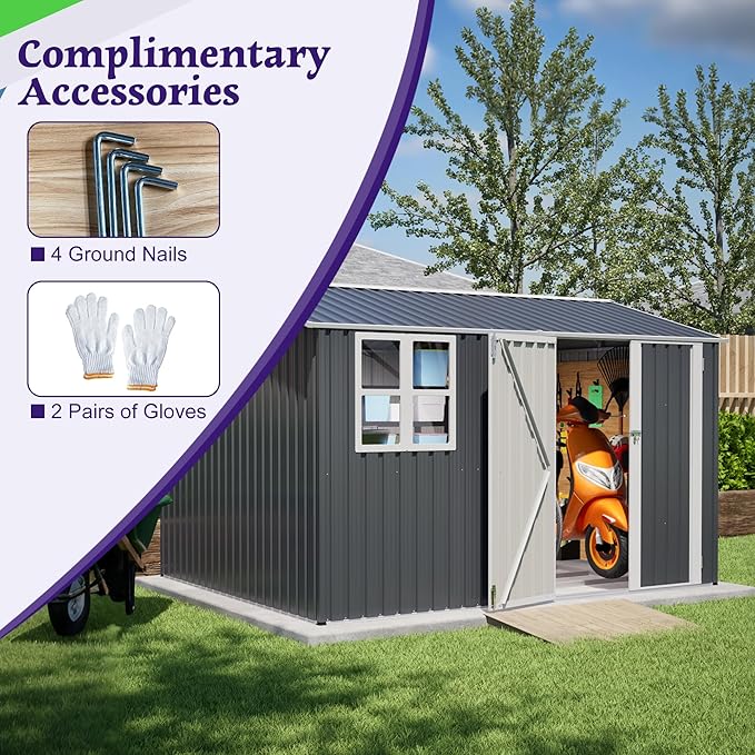 10X8 FT Outdoor Storage Shed,Metal Shed W/Window,Floor Frame & Lockable Swing Door,Garden Tool House W/ 4 Air Vents & Sloped Roof,for Backyard Patio Lawn,Gray