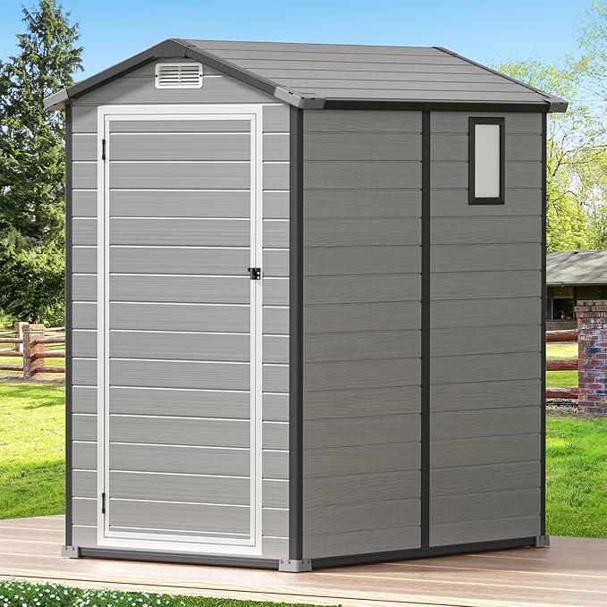 GVDV 4×6 FT Outdoor Resin Plastic Storage Shed with Reinforced Floor, All-Weather Plastic Shed with Lockable Door, Window and Vent, Waterproof Tool Storage for Garden, Backyard, Patio, Tool Storage