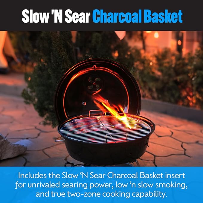 SnS Grills Slow ‘N Sear Travel Kettle, 2-Zone Cook Charcoal Basket and Easy Spin 18” Grate - Portable Charcoal Grill for BBQ Cooking - Travel Kettle 18”