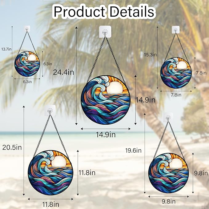 Stained Glass Window Hanging, Big Wave Sun Suncatcher Diamond Glass Panel Hangings Abstract Sun Catchers Decor for Birthday for Women, Men, Wife, Aunt, and Mom 14.9x14.9 in