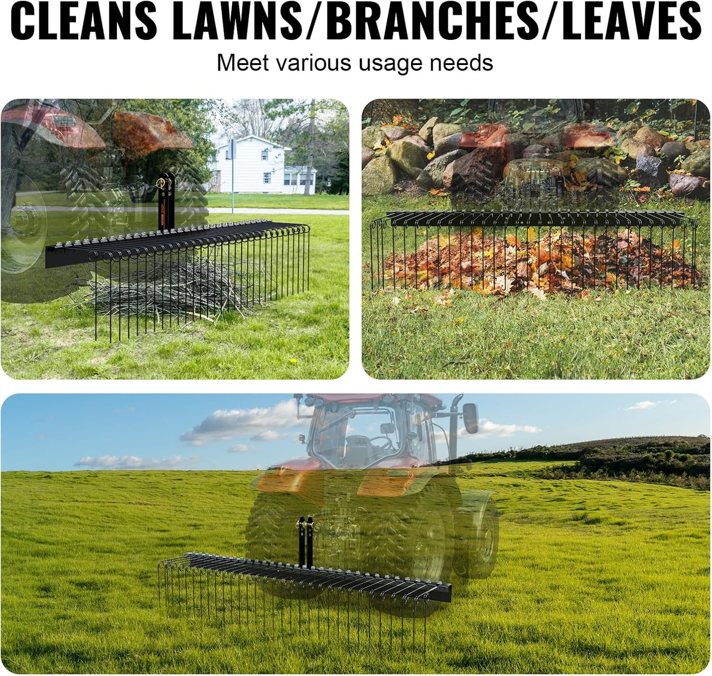 VEVOR Tow Behind Landscape Rake, 72" Tow Dethatcher with 32 Steel Tines, Lawn Dethatcher Rake Attaches to Category 1, 3 Point Hitch for Tractor, for Leaves, Pine Needles, Straw, and Grass
