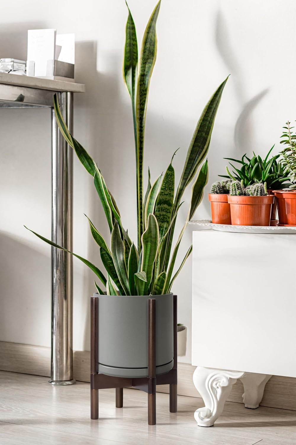 D'vine Dev Ceramic Planter with Walnut Color Stand - 10 Inch Modern Round Flower Pot with Wood Planter Holder, Grey, 55-B-X-3