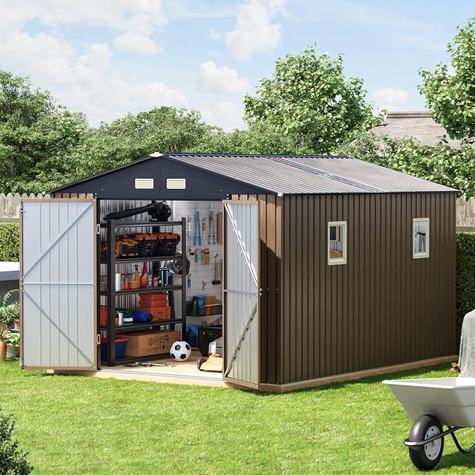 10x12 FT Outdoor Metal Storage Shed, Double Swing Doors, 2 Clear Windows, Replaceable Skylight Roof Panel, Tool Shed for Garden, Patio, Backyard Brown