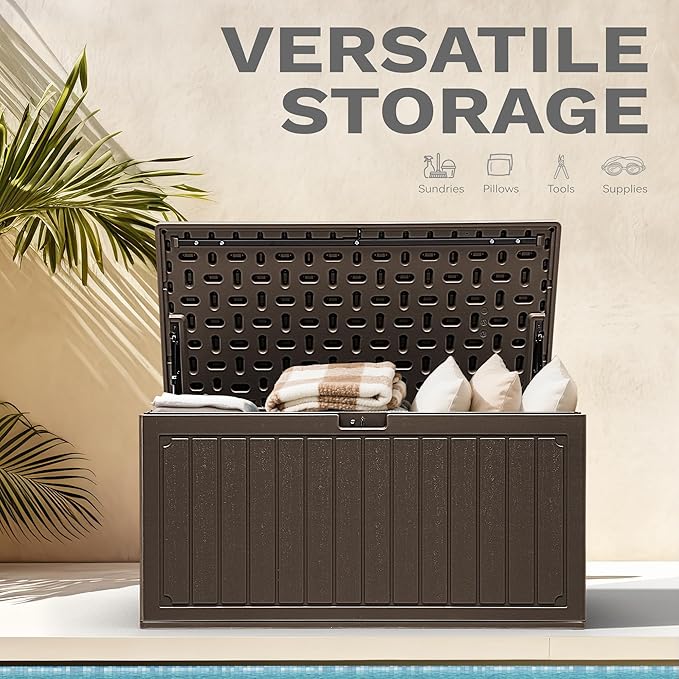 DWVO 90 Gallon Resin Outdoor Storage Box, XXL Double-Wall Waterproof Deck Box, Doubles as Table or Seating with 450 lbs Capacity, Lockable (Brown)