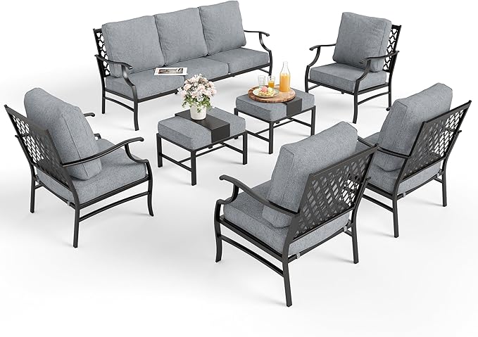 Patio Furniture Set 7 pcs, Outdoor Patio Furniture, 3-Seat Sofa, 4 Single Chairs, 2 Ottomans and 5.75" Extra Thick Cushion, Patio Conversation Set for Garden Backyard Deck,Grey