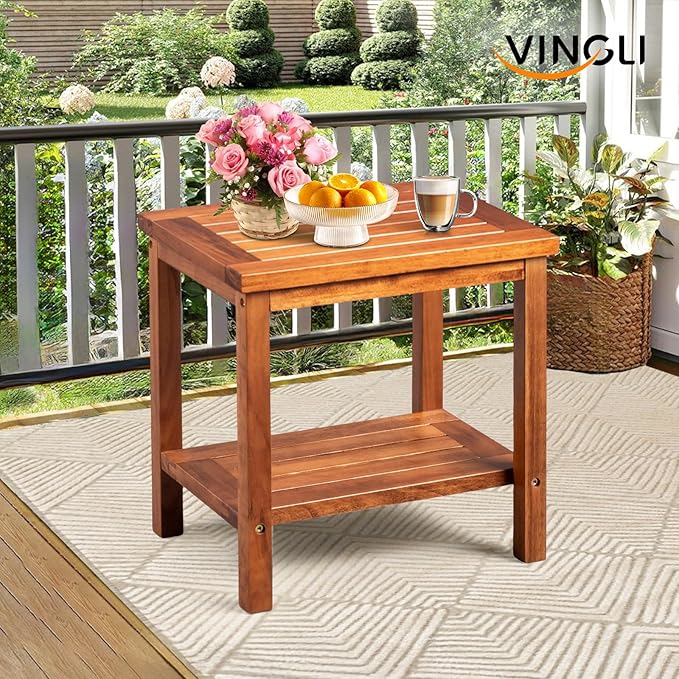 VINGLI 2-Tier Solid Wood Outdoor Side Table, Weather-Resistant Patio End Accent Table Wooden Coffee Table for Garden, Balcony, Porch