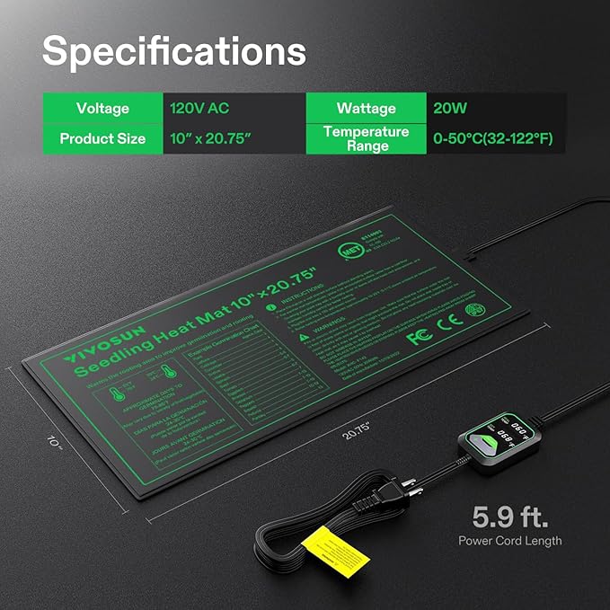 VIVOSUN 10"x20.75" Seedling Heat Mat with Built-in Temperature Controller, UL & MET-Certified Waterproof Plant Heating Pad for Germination, Hydroponics, Brewing, Breeding, and Greenhouses
