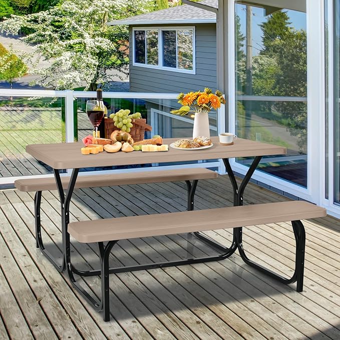 Moccha Picnic Table Bench Set, Portable Plastic Picnic Table w/Steel Frame & Wood-Like Texture, All Weather Heavy Duty Picnic Table Kit, Picnic Tables for Outdoors Garden Patio Dining (Light Brown)