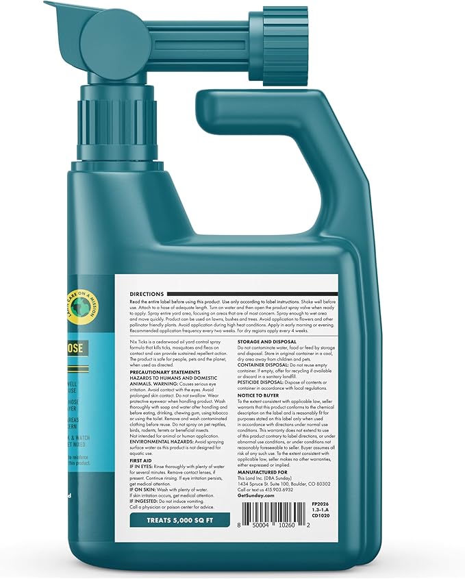 Sunday Nix Ticks - Tick Control Spray - Ready-to-Use Bug Spray - Concentrated Cedar Oil - Helps Kill Ticks, Tick Larvae, Fleas, and Mosquitos - Lasts up to 4 Weeks - 32 Fl Oz