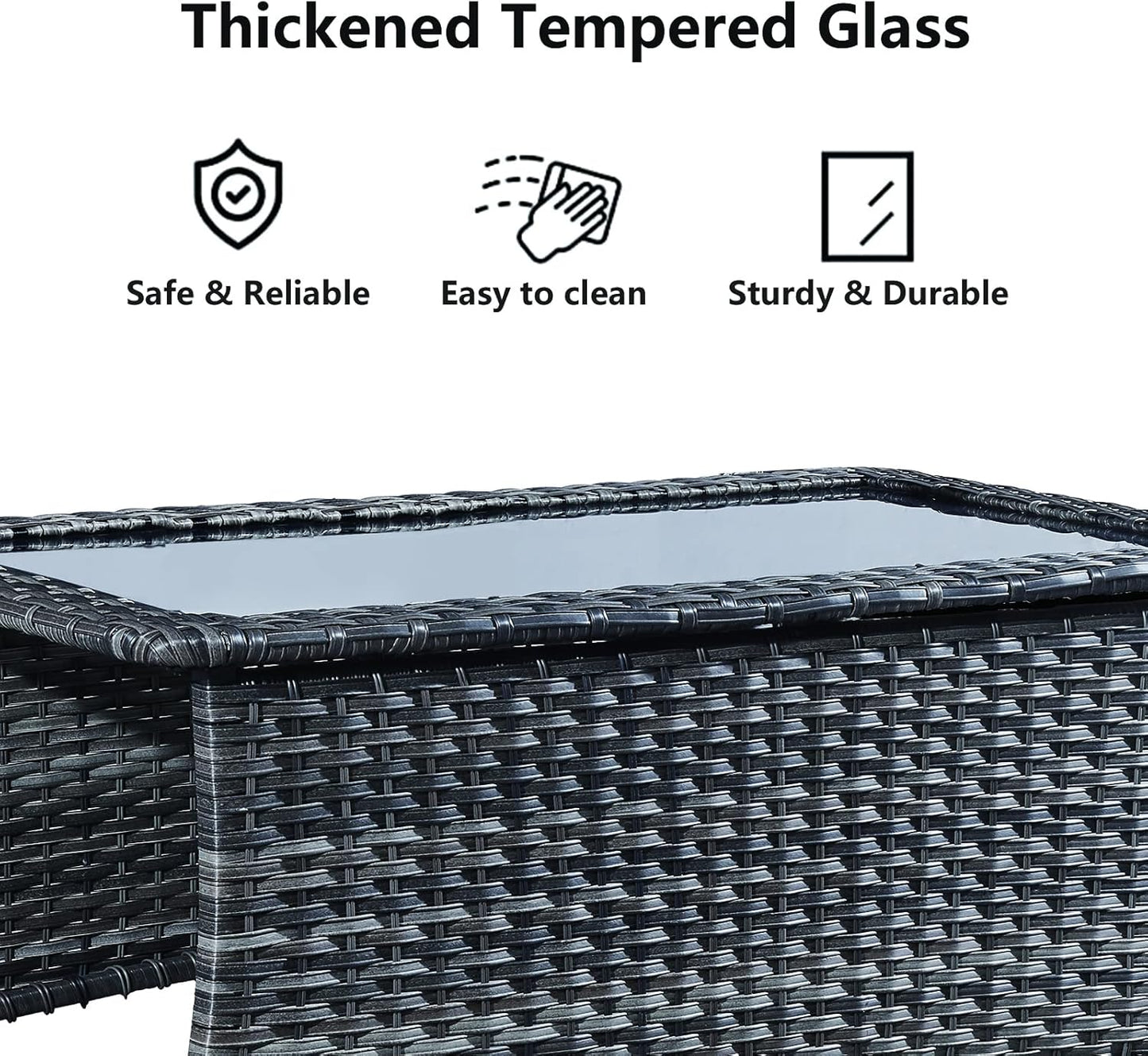 Patio Tables Wicker Coffee Table - Outdoor Rattan Coffee Tables with Glass Top for Patio Proch Deck Balcony Rectangle Mixed Grey