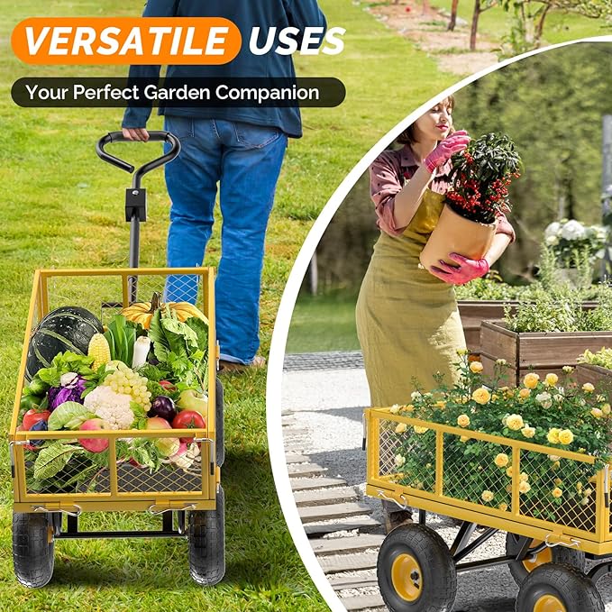 VINGLI Heavy Duty 880 LBS Mesh Steel Garden Cart, Dump Detachable Utility Wheelbarrow, Yard and Garden Wagon Cart with Removable Sides and 10 Inch Wheels(Yellow)