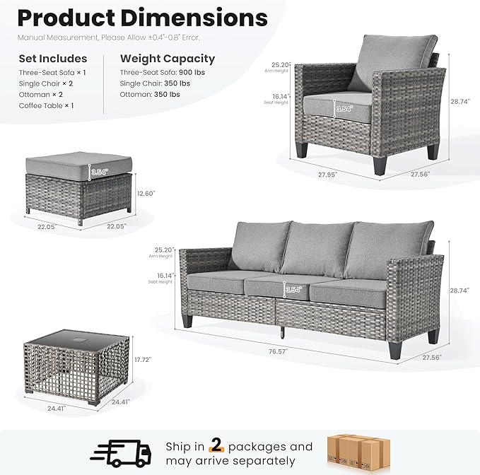 ovios 6 Pieces Patio Furniture Set Outdoor Sofa Couch with Solar Lights Table Comfy Cushions, Modern Deep Seat Wicker Rattan Conversation Set for Porch Deck, Dark Grey