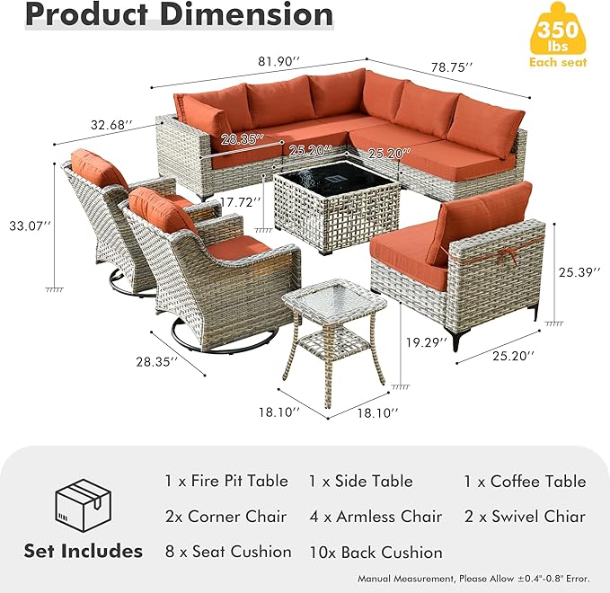 HOOOWOOO Outdoor Patio Furniture Set,10 Pieces Wicker Out Door Sectional Furniture L Shaped Couch,Patio Conversation Sets with Swivel Rocking Chair LED Table,Brick Red