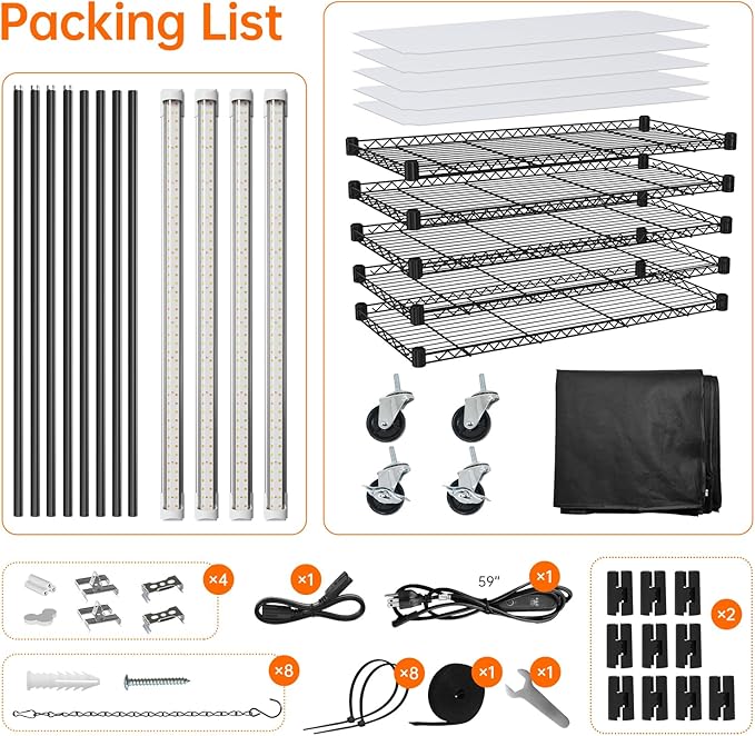 Indoor Greenhouse with Grow Light, Plant Stand with 4 Pack 5000K Full Spectrum Plant Lights , Plant Shelf with Tent for Indoor Plant, Seed Starting, Seed Tray, 29.5"x13.8"x59"