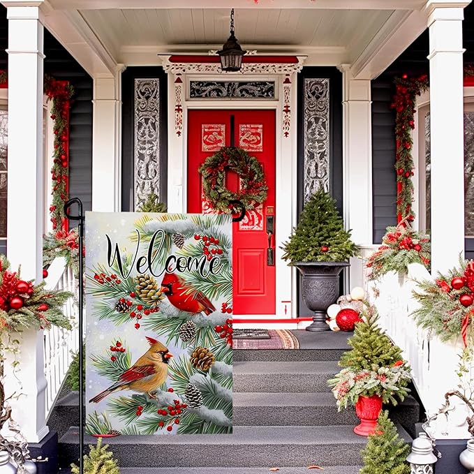 Welcome Winter Garden Flag Christma Cardinal Birds Yard Flag Red Bird Berry Trees Pine Snow Vertical House Banner Pinecone Garden Flags for Xmas Rustic Farmhouse 12x18 Inch